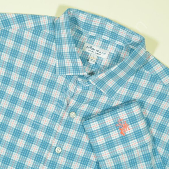 Peter Millar Summer Comfort Manufacturers Golf CC Mens L Blue Plaid Button Down - Picture 1 of 7